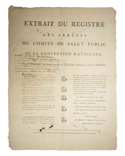 null PUY-DE-DÔME. 1795. RÉQUISITIONS AGRICOLES. Arrêté du COMITÉ DE SALUT PUBLIC...