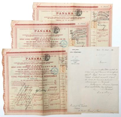 null CANAL DU PANAMA : 1 lettre et 3 Actions : Lettre signée Charles Aimé DE LESSEPS,...