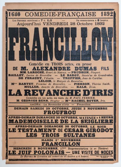 null COMÉDIE FRANÇAISE 1892. Alexandre DUMAS Fils : Affiche de la Représentation...