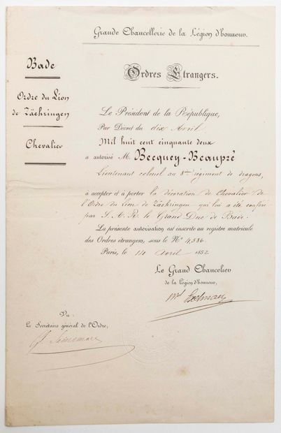 null LÉGION D'HONNEUR. 1852. Ordres Étrangers. Lettre signée «Maréchal EXELMANS»...