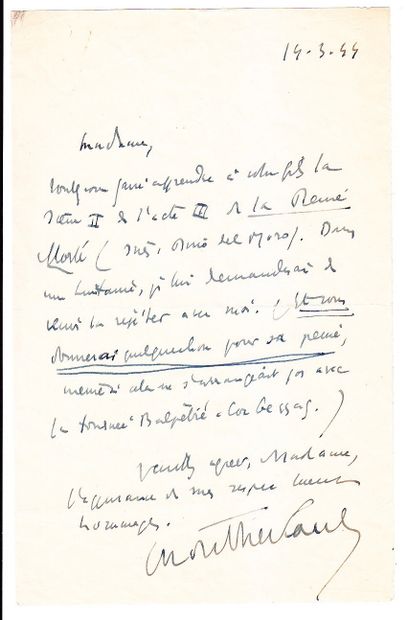 Henry de MONTHERLANT (Paris 1895 - 1972) Romancier, essayiste et dramaturge. Lettre...