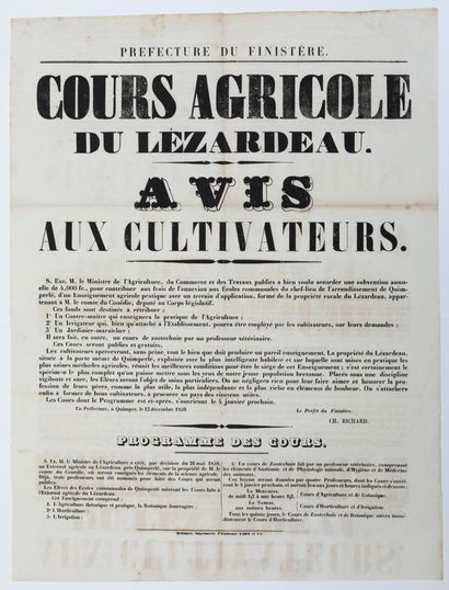 null FINISTÈRE. 1859. «COURS AGRICOLE DU LÉZARDEAU. Avis aux Cultivateurs du programme...