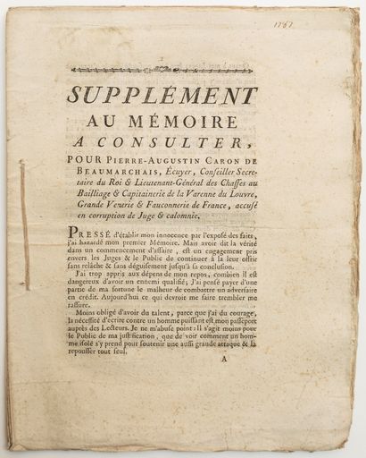 null CARON DE BEAUMARCHAIS (Pierre Augustin) Écrivain. PROCÈS de 1773 : «Supplément...