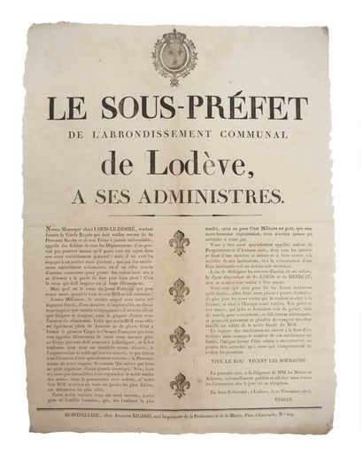 null HÉRAULT. GARDE DU ROI LOUIS XVIII. 2 Placards imprimés à MONTPELLIER, chez Auguste...
