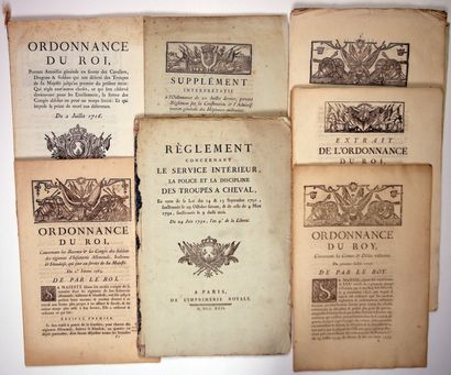 null ARMÉES ROYALES. CAVALIERS, DRAGONS & SOLDATS. 7 Imprimés in-folio. (1749 / 1792) :...