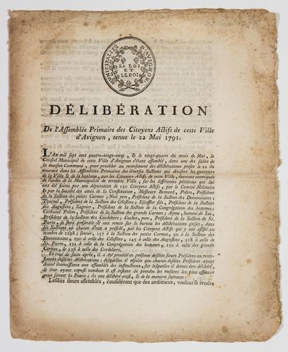 null AVIGNON (84). 1791. RÉVOLUTION. «Délibération de L'ASSEMBLÉE PRIMAIRE DES CITOYENS...