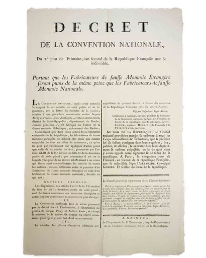 null MONNAIE. CHARENTE MARITIME. 3 Placards de 1793 : Décret de la Convention Nationale,...
