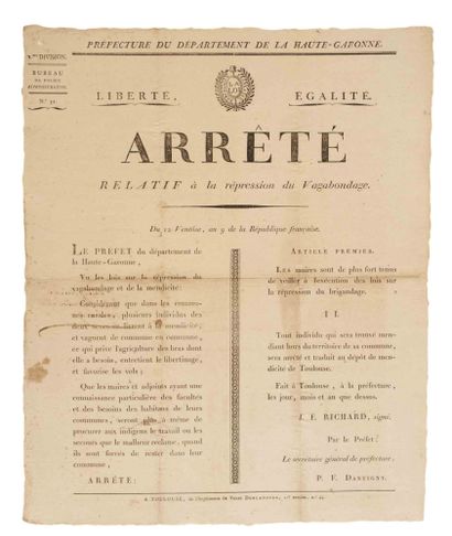 null HAUTE-GARONNE. 1801. Decree of J. É. RICHARD Prefect, relating to the repression...