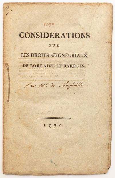 null LORRAINE & BARROIS. 1790. “Considérations sur les DROITS SEIGNEURIAUX de LORRAINE...