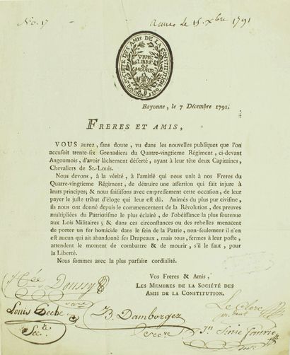 null ATLANTIC PYRENEES. 1791 - Printed letter with autograph signatures of the members...