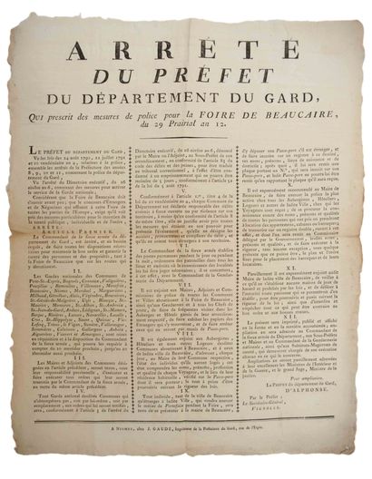 null GARD. 1804. FOIRE DE BEAUCAIRE : Arrêté de D'ALPHONSE Préfet du département...