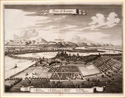 null (GARD.) Engraving of the City of "PONT ST ESPRIT." by Merian, circa 1650.
(32...