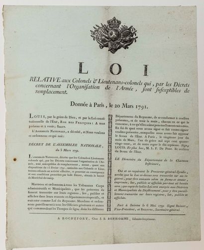 null RÉVOLUTION. 1791. RÉORGANISATION DE L'ARMÉE. CHARENTE-MARITIME. «Loi relative...