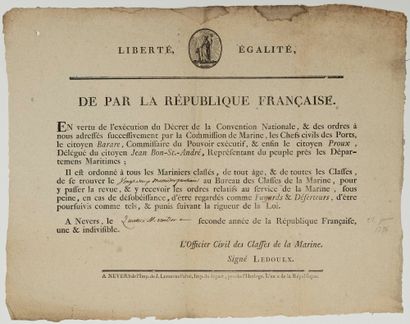 null NIÈVRE. 1794. CLASSES DE LA MARINE. NEVERS, 24 Messidor An 2 (22 Juin 1794)....