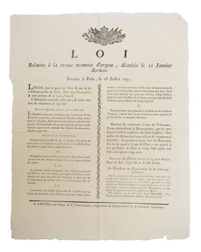 null MONEY. 1791. CHARENTE MARITIME. "LAW relative to THE MONEY OF SILVER, decreed...