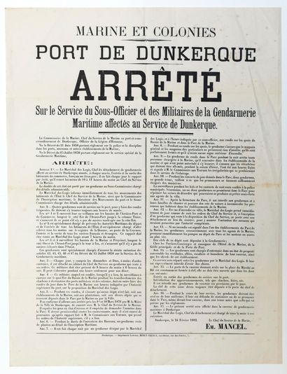 null MARINE ET COLONIES. PORT DE DUNKERQUE (59) le 24 Février 1882. «Arrêté sur le...