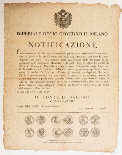 null MILAN (Italy) 1817. AUSTRIAN COINS. Notice of the count of SAURAU Austrian Governor...