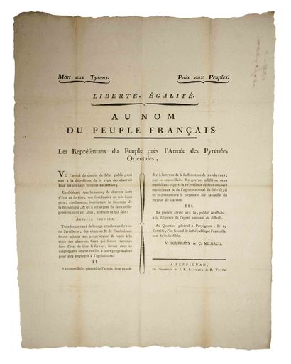 null 2 PLACARDS OF THE ARMY OF THE ORIENTAL PYRENEES, printed in PERPIGNAN, of the...