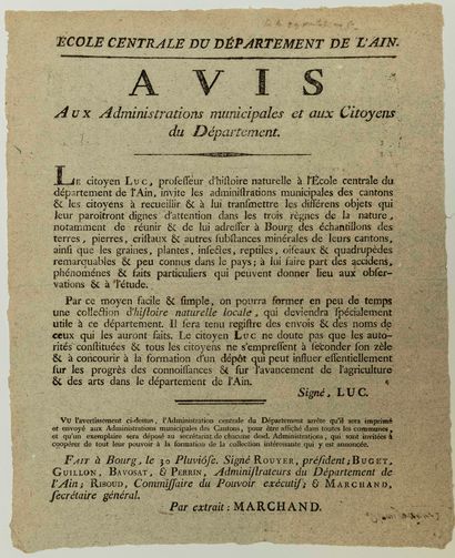 null AIN. 1797. COLLECTION D'HISTOIRE NATURELLE LOCALE. Avis du citoyen LUC Professeur...