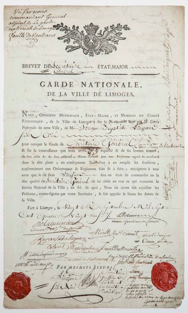 null HAUTE-VIENNE. 1789. «GARDE NATIONALE DE LA VILLE DE LIMOGES» (87). Brevet de...