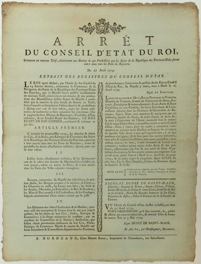 null GIRONDE. 1779. TRADE WITH THE NETHERLANDS. NEW CUSTOMS TARIFF: "Decree of the...