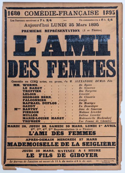null COMÉDIE FRANÇAISE 1895. Alexandre DUMAS Fils : Affiche de la Première Représentation...