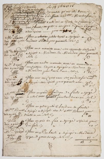null SARTHE. LE MANS 1726. INVENTORY OF FURNITURE. Minutes of the Sale of the furniture...