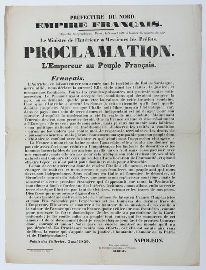 null NAPOLÉON III. 1859. «PROCLAMATION. L'EMPEREUR au Peuple Français.» Palais des...