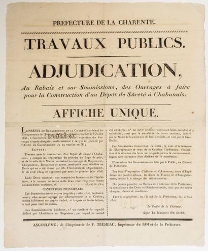 null CHARENTE. 1826. PRISON. «Adjudication au rabais et sur Soumissions, des Ouvrages...