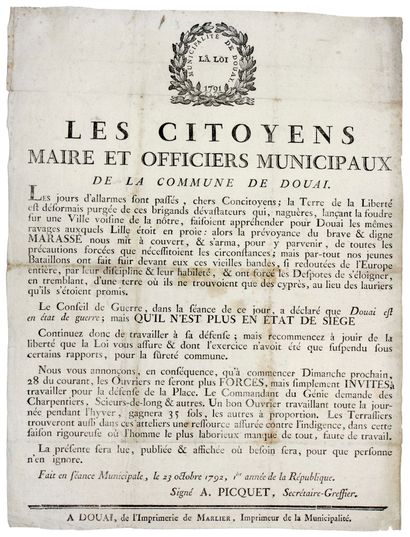 null NORD. 1792. DOUAI. «Les Citoyens Maire et Officiers Municipaux de la Commune...