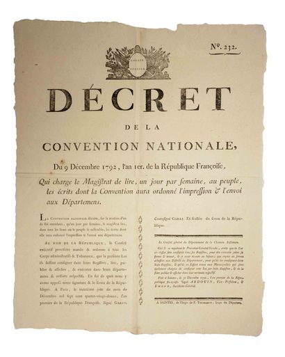 null IMPRESSION DES LOIS. GARAT «Décret de la CONVENTION NATIONALE, du 9 Décembre...