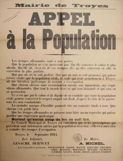 null (AUBE) MAIRIE DE TROYES, Septembre 1914. «APPEL A LA POPULATION.» «LES TROUPES...
