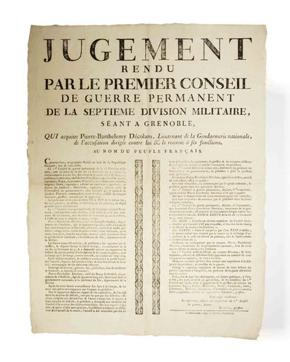 null ISÈRE. 1800. «JUGEMENT rendu par le premier Conseil de Guerre permanent de la...