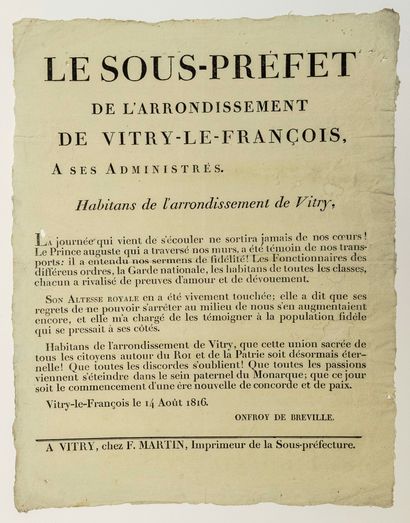 null MARNE. 1816. Adresse de Mr ONFROY DE BREVILLE «Le Sous-Préfet de l'Arrondissement...