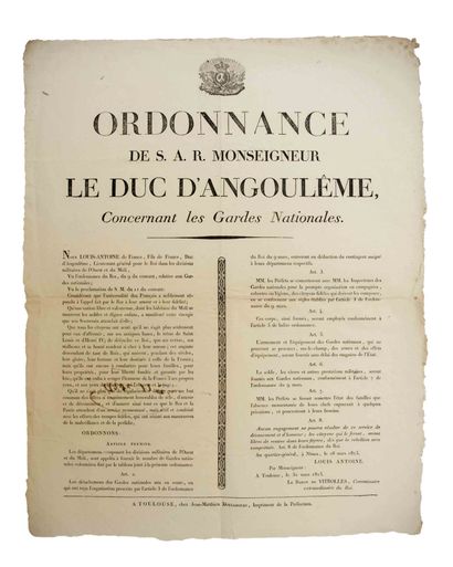 null GARD. 1815. «Ordonnance de S.A.R. Monseigneur LE DUC D'ANGOULÊME (Louis-Antoine),...