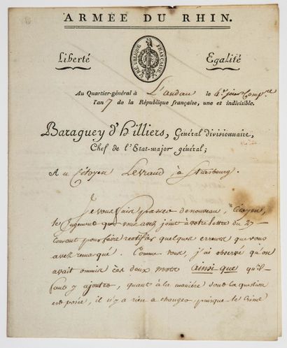 Général Comte  Louis BARAGUEY-D’HILLIERS ( Paris 1764 - Berlin 1813) Lettre signée...