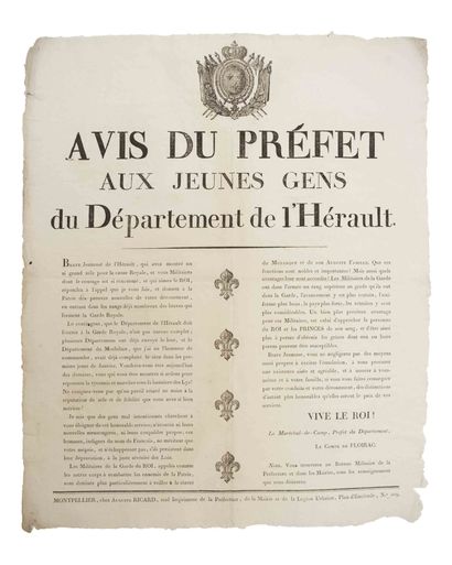 null HÉRAULT. 4 Placards concernant la GARDE NATIONALE de 1816 à 1817, imprimés à...