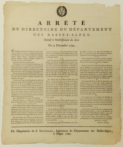 null BASSES-ALPES. 1791. JUSTICE RÉVOLUTIONNAIRE. "Arrêté du Directoire du Département...