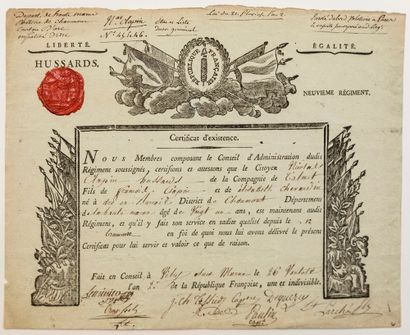 null Régiment d'HUSSARDS. VITRY-SUR-MARNE (51) 26 ventôse An 2 (16 Mars 1794). Certificat...