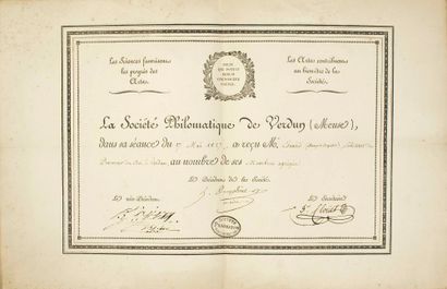 null MEUSE. “SOCIÉTÉ PHILOMATIQUE DE VERDUN”. Diplôme (42 x 28 cm), imp. rempli à...