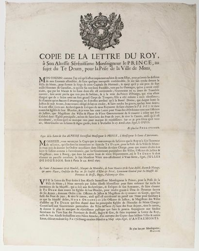 null SEAT OF MONS 1691 (current Belgium). AIN - Copy of the Letter of the King LOUIS...