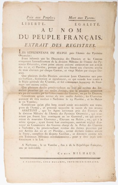 null AUDE. 1794. "THE REPRESENTATIVES OF THE PEOPLE near the Army of the ORIENTAL...