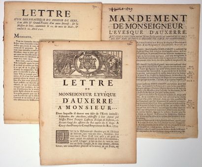 null YONNE. 3 Printed matter XVIIIe S.: "Mandement de Monseigneur l'Évêque d'AUXERRE...