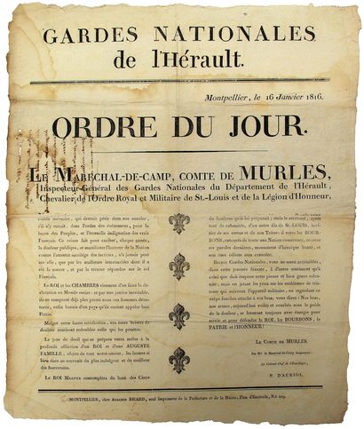 null «GARDES NATIONALES DE L'HÉRAULT». 1816. Ordre du Jour du Maréchal-De-Camp, Comte...