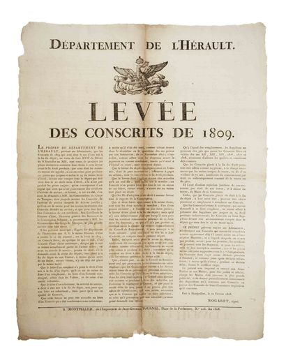 null HÉRAULT. 2 Placards of the EMPIRE : 1°) "Formation of the Lists of the Conscription...