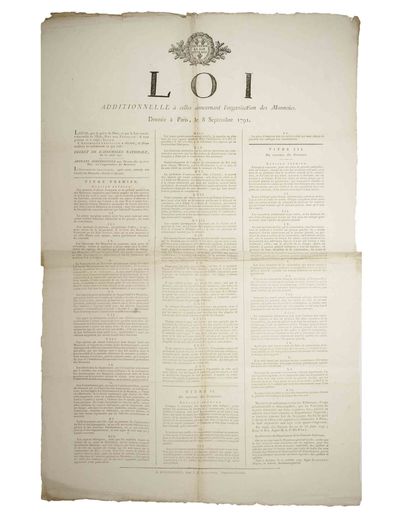 null MONNAIE. 1791. CHARENTE MARITIME : «LOI ADDITIONNELLE À CELLES CONCERNANT L'ORGANISATION...