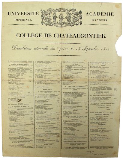 null MAYENNE. 1812. COLLEGE OF CHÂTEAU-GONTIER. Imperial University, Academy of ANGERS....