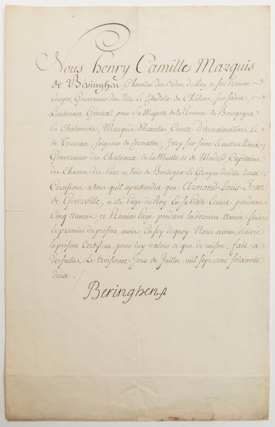 null Marquis de BERINGHEN. CHÂTEAU DE VERSAILLES (78) 3 juillet 1762. Certificat...