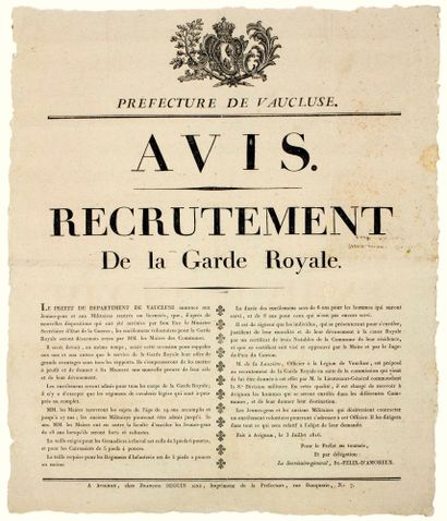 null VAUCLUSE. 1816. GARDE ROYALE. “AVIS. Recrutement de la Garde Royale”(Grand Bandeau,...