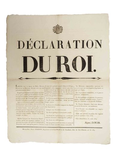 null «DÉCLARATION du ROI LOUIS XVIII, Fait à SAINT-OUEN le 2 Mai 1814.» «.... Rappelé...